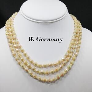 West Germany Fire Polished Beige Beaded Necklace, Three Strands, 1950s Vintage